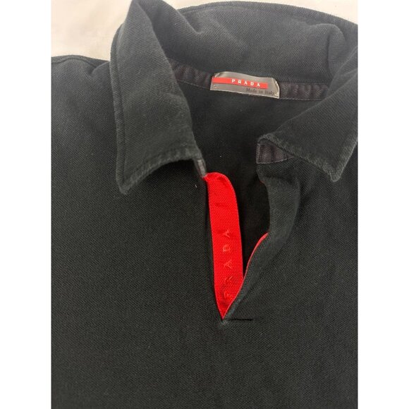 Prada Vintage Piquet Mens Polo Shirt Open Placket Logo Black Cotton M - Picture 4 of 8